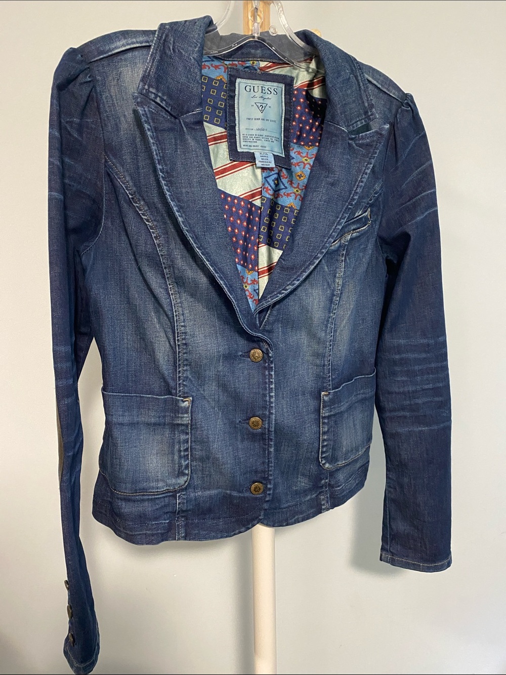 GUESS Women's Blue Denim Blazer Jacket with Patterned Lining
